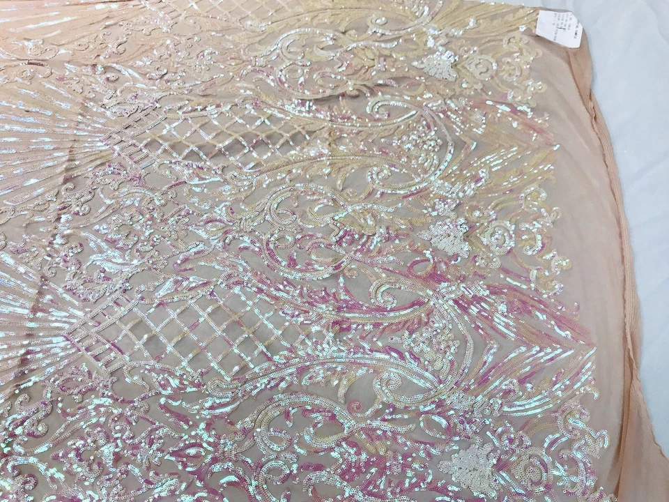 PINK IRIDESCENT DAMASK SEQUINS DESIGN ON A 4 WAY STRETCH NUDE MESH-BY YARD. - Image 4 of 4