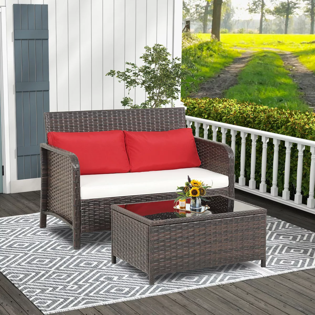 Patio 2PCS Rattan Wicker Love seat Coffee Table Set Cushioned Bench Garden Deck