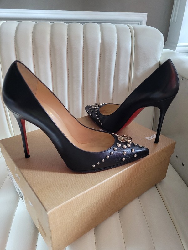Christian Louboutin Door Knock 100 KID Spikes Black Heels Shoes Sz 37.5 7.5