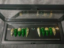 Green And Gold Embellished Artificial Nails