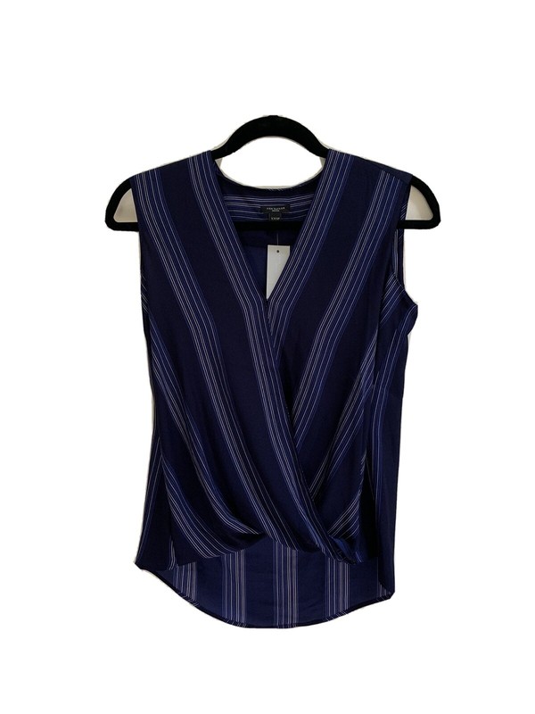 NWT Ann Taylor Petite Sz XXSP Navy Striped Sleeveless Hi-Low Faux-Wrap Blouse 