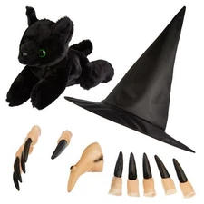 Hauntlook Classic Witch Costume Accessory Kit: Hat, Nose, Fingers, Black Cat