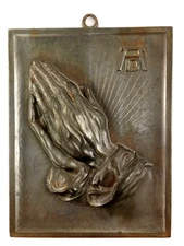 PRAYING HANDS PLAQUE - Lero Metal Embossed 5 1/4" x 4 1/8" - Christian