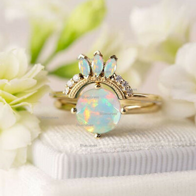Marquise Round Opal Natural Diamonds Crown Ring Set In Solid 18k Yellow  Gold