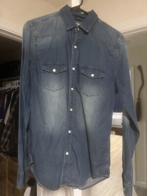 Express Men’s Small Western Denim Pearl Snap Long Sleeve Shirt | eBay