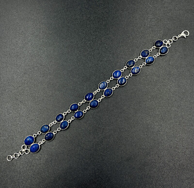 925 Sterling Silver Natural Lapis Lazuli Gemstone Jewelry Chain Bracelet