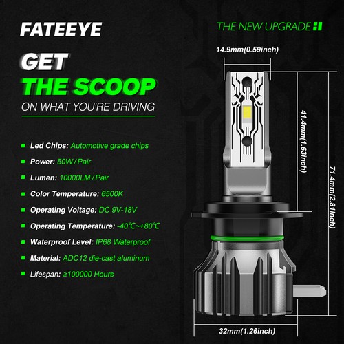 FATEEYE 2X H7 10000LM LED Car Headlight Kit High And Low Beam Canbus Error Free - Picture 12 of 16