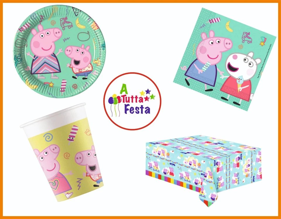 KIT ADDOBBI FESTA COMPLEANNO PEPPA PIG X8X16X24X32X40 PERSONE PIATTI BICCHIER