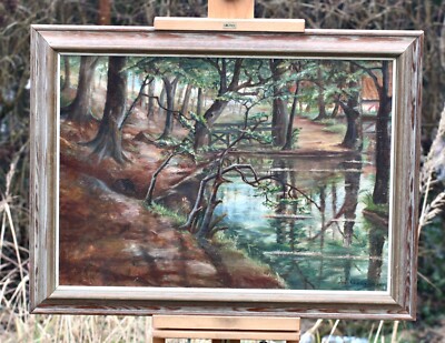 Landscape with river and trees in the park oil on canvas painitng, signed