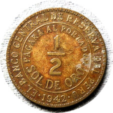 elf Peru 1/2 Sol 1942 S San Francisco Mint  World War II