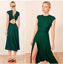 Reformation Gavin Emerald Green Midi Dress Size 8 Cap Sleeve Open Back Slit