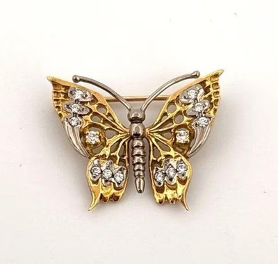 Estate 18K & 14K Yellow Gold Natural 20CTW Diamond Handmade Butterfly Brooch