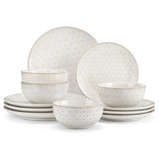 12 Pieces Dinnerware Sets, Modern Design Plates and Bowls Sets, White Dish Se...
