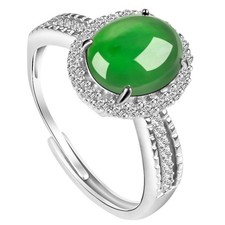 Inlaid natural A-grade jadeite green egg face ring with adjustable setting