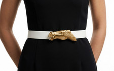 Judith Leiber White Leather Gold Large Horse Buckle Belt 1.75" x 35" Vintage EUC