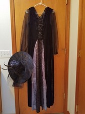 Halloween Adult Woman Witch Costume Full Length Dress Hat Velour Renaissance