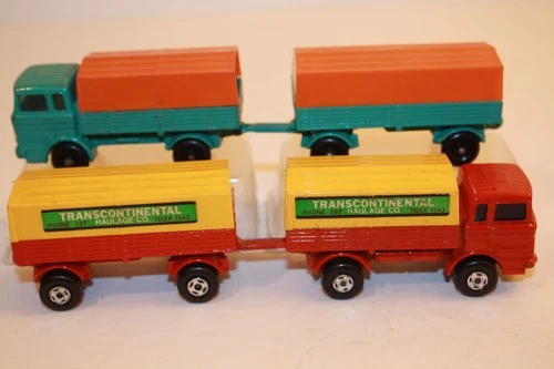 Two (2) Vintage 1960's Matchbox Lesney Mercedes Trucks with Trailers & Caps