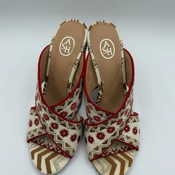 Sandalia ASH Roja Azteca Bordada Acolchada Adel Punta Redonda Tacón Bloque Sin Cordones Tacón Foto 2 de 4