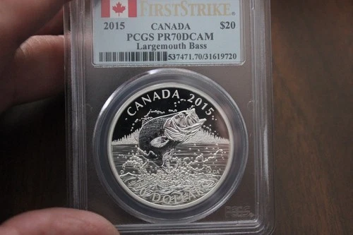 2015  CANADA $20 LARGEMOUTH BASS  PR70  SIVER EAGLE BEAUTIFUL COIN  SPOT FREE