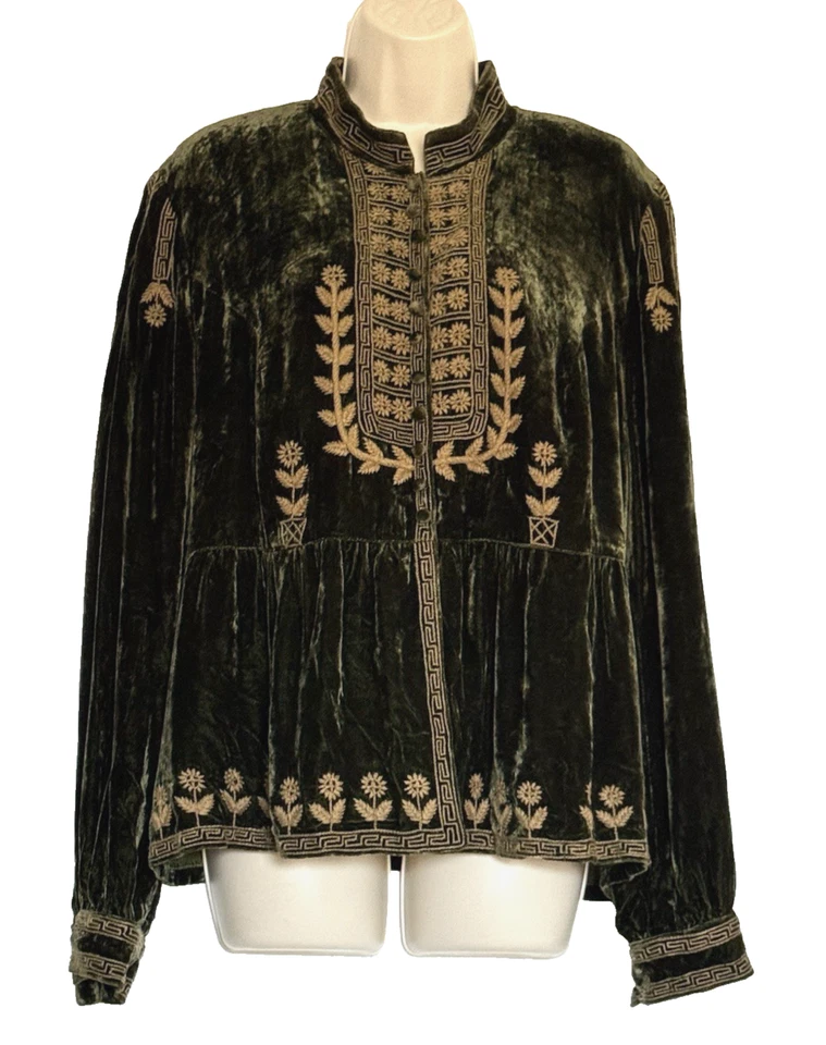 Chaqueta Doble D Ranch Verde Oliva Terciopelo Bordado Corazón Talla XL 100% Seda Usada en Excelente Condición Foto 2 de 4