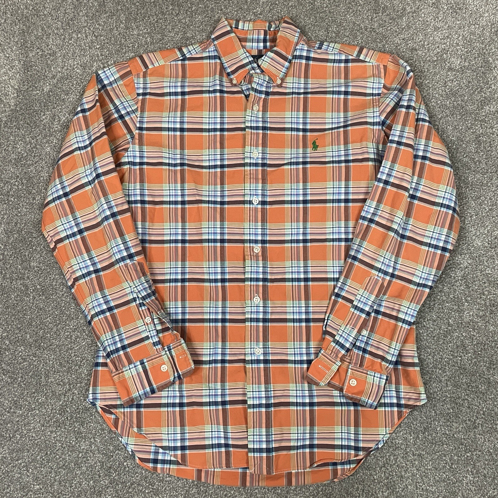 Camicia Ralph Lauren uomo M arancione tartan plaid pony bottoni manica lunga cotone