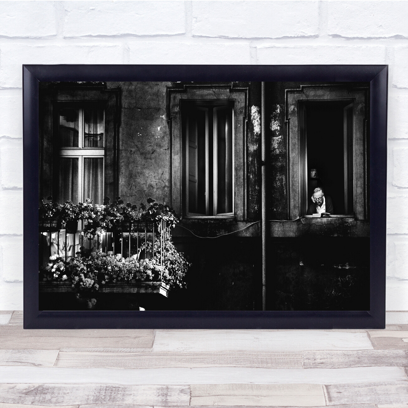 Window Read Reading Person Old Age Man Street Balcony Flowers Wall Art Print