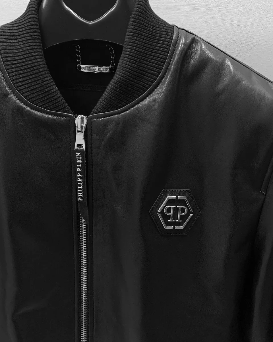 Philipp Plein Men's Black Lambskin Genuine Leather Bomber Jacket