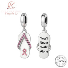 Pink Cancer Ribbon Charm - You'll Never Walk Alone Genuine 925 Sterling Silver