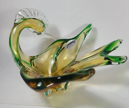 Vintage Murano Glass Venice Italy MCM J.I. Co Phoenix Peacock Bird Dish Green