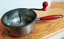 Vtg food mill, strainer, ricer, red wooden handles, 7" bowl, pan hangers