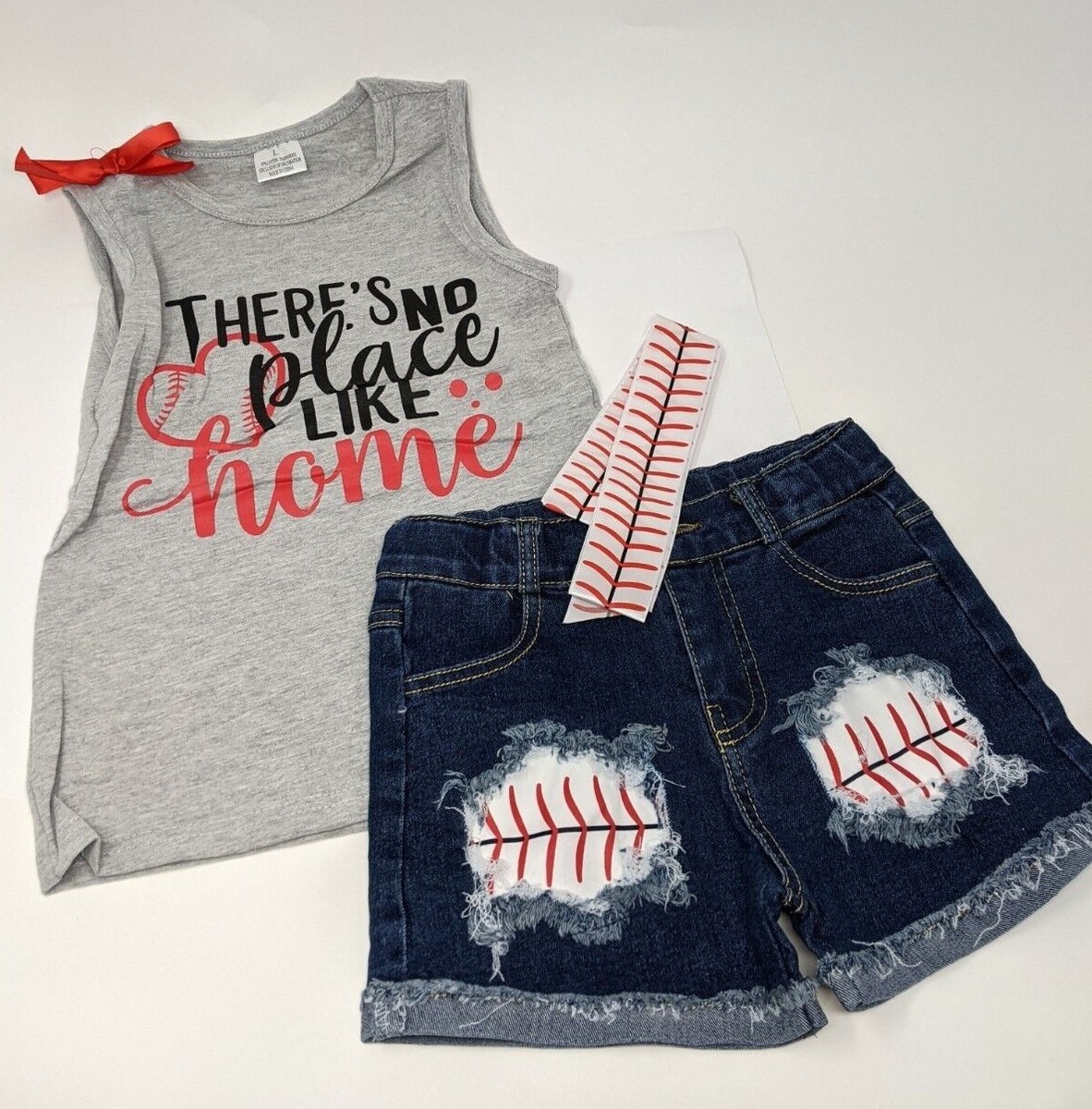 Girls Baseball Shirt w/Denim Shorts &amp; Bow Belt &ldquo;There&rsquo;s No Place 