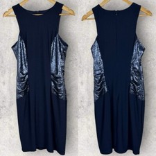 XSCAPE Blue Sequin Shift Dress Size 10 USA Made Stretch Sleeveless Party Midi