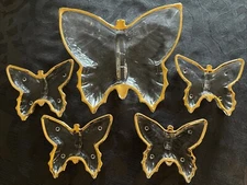 Vintage Jeannette Glass Clear w/Gold Trim Butterfly Trinket Candy,nuts Dish Lot