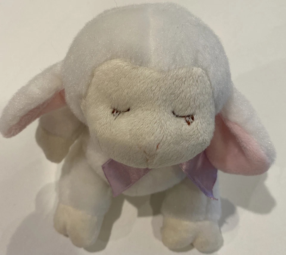 "Juguete suave de peluche blanco Ganz Cordero ojos cerrados orejas rosas oveja fe arco púrpura 5""" Foto 3 de 4
