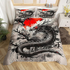Black Dragon Duvet Cover Set Queen Size,Japanese Style Bedding Set 3Pcs for Kids