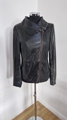 Ted Baker schwarze Lederjacke Gr. 3 UK 12 Biker Moto Slim Fit Jesmin Reißverschluss lesen 