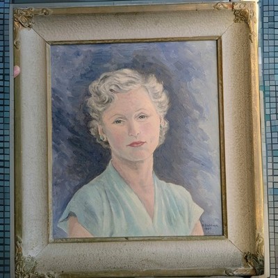 Antique Framed Woman Portrait Painting Oil Canvas by B. Baldwin 1950