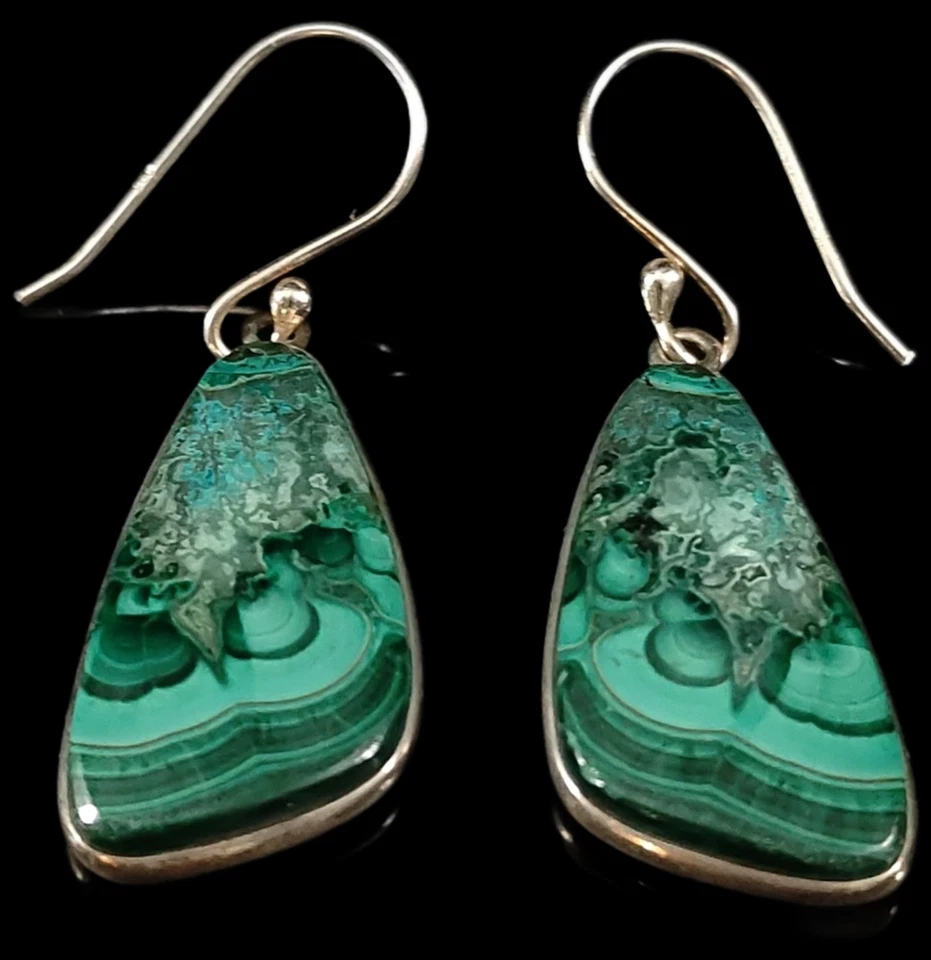925 Sterling Silver Natural Malachite Gemstone Dangling Earrings Stamped 925 - Image 2 of 4