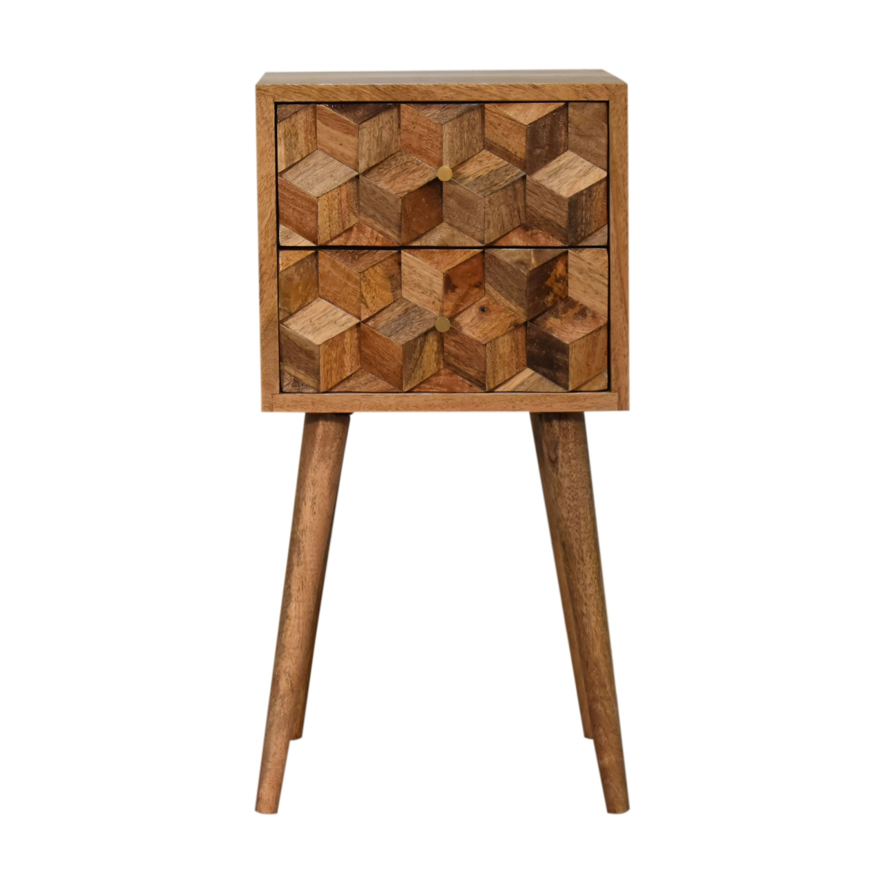 Artisan Furniture Solid Wood Mini Cube Carved 2 Drawer Bedside - Brown - Image 2