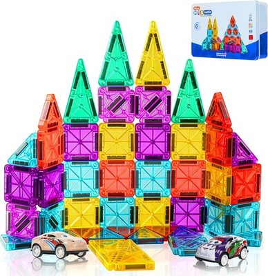 43pcs Magnetic Tiles, Magnet Building Blocks with 2 Cars & Metal Storage Box