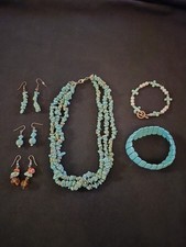 Real Turquoise Chip Stone Jewelry Set Necklace Bracelet Earrings Handmade