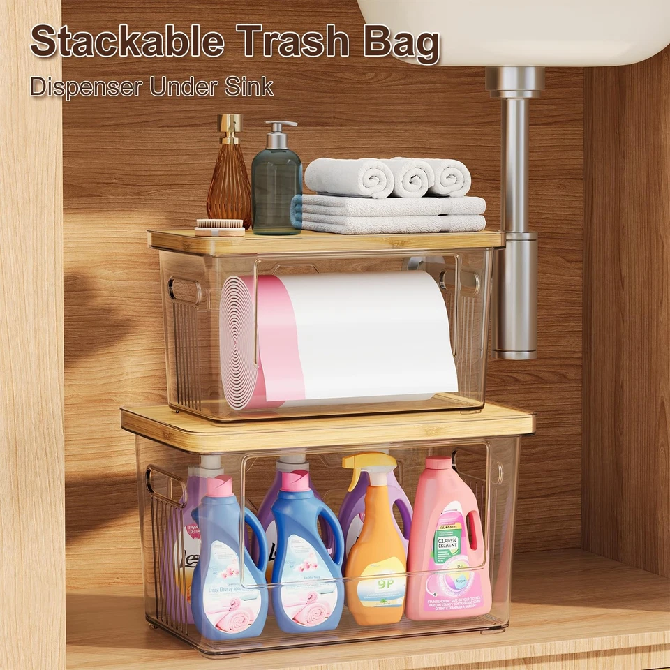 Paquete de 2 soportes para bolsas de basura con tapa de bambú, rollo dispensador de bolsas de basura apilables H... Foto 2 de 4