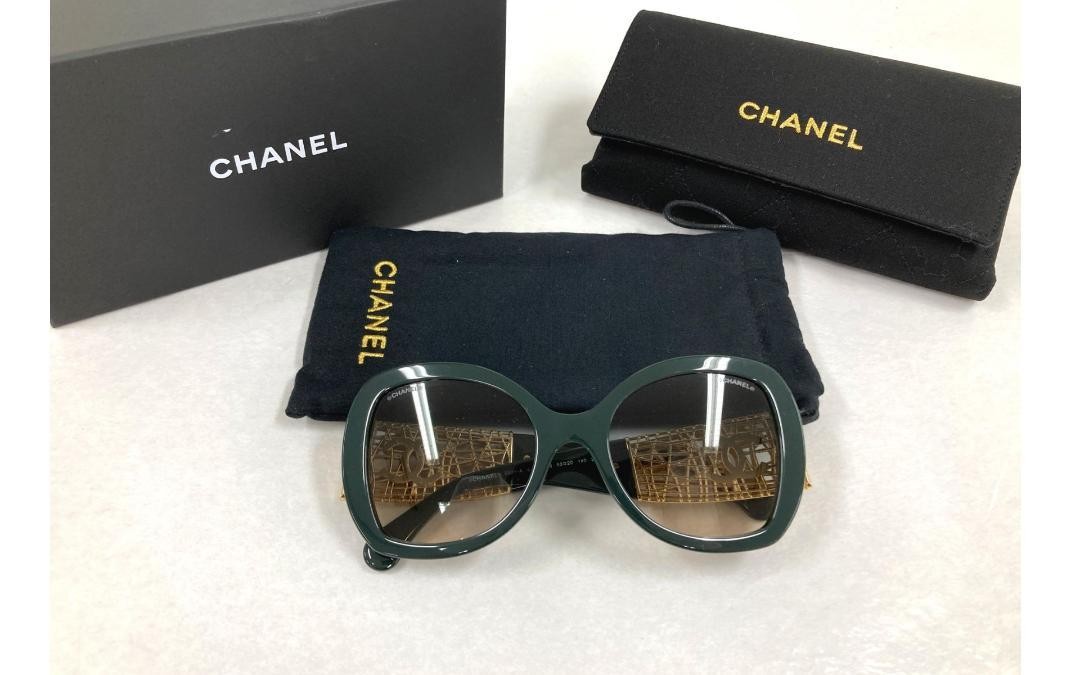 CHANEL Round Sunglasses Green Black Gold