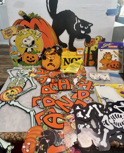 17 Vintage Halloween Paper Decorations Jointed skeleton, Pumpkins, Cats, Ghosts