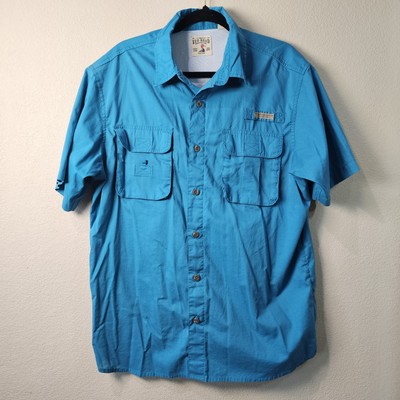 Red Head Button Down Shirt Men Sz XL Short Sleeve Teal Blue Vented Fishing Golf