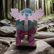 Handmade Primitive Moose Head Wall Decor Bell & Plaid Bow Rustic Cabin Christmas