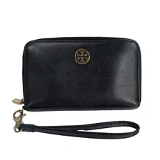 Tory Burch Robinson Small Logo Zip Black Leather Wallet Wristlet