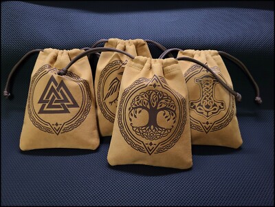 BEAUTIFUL HAND CRAFTED  BAGS CELTIC THEME, COINS, DICE, DND, 6''X5 '' ULTRASUEDE