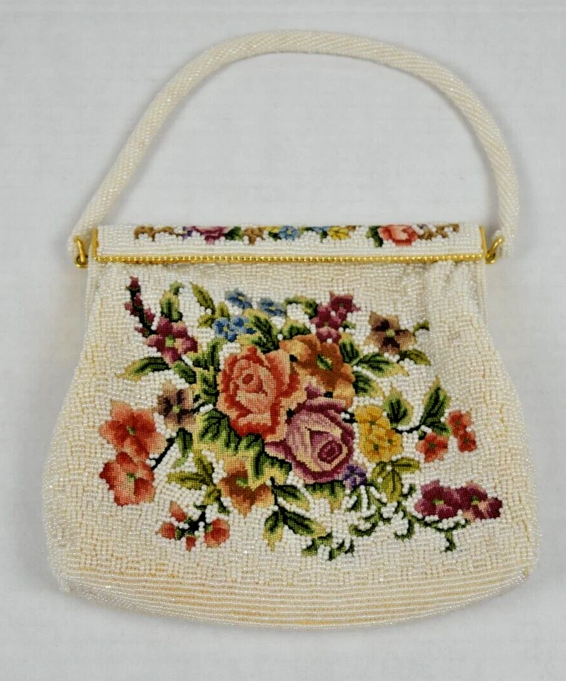 Cartera Walborg Vintage Cuentas Años 70 Perla Cuentas Colorido Floral Bordado 7"X7" Foto 2 de 4