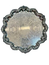 Antique Barker-Ellis UK 12” Silver Plate Footed Salver Serving Tray Hallmark MS